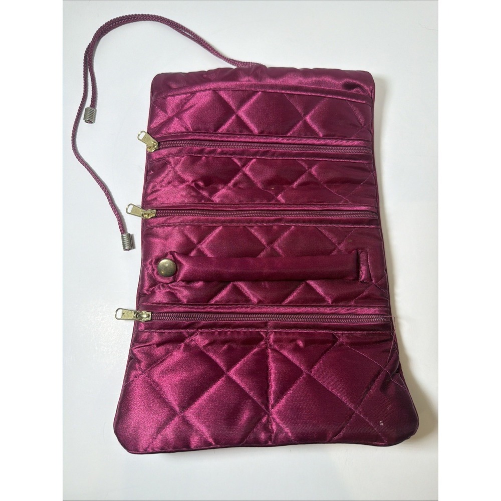 Purple Satin Travel Jewelry Bag Organizer Pouch 3-Zip Snap Ring Roll Up
